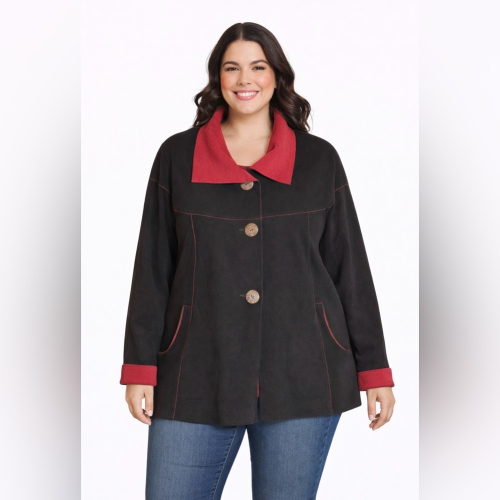 Junonia Black Button Front Sweatshirt with Burgundy Accents. Size 1X